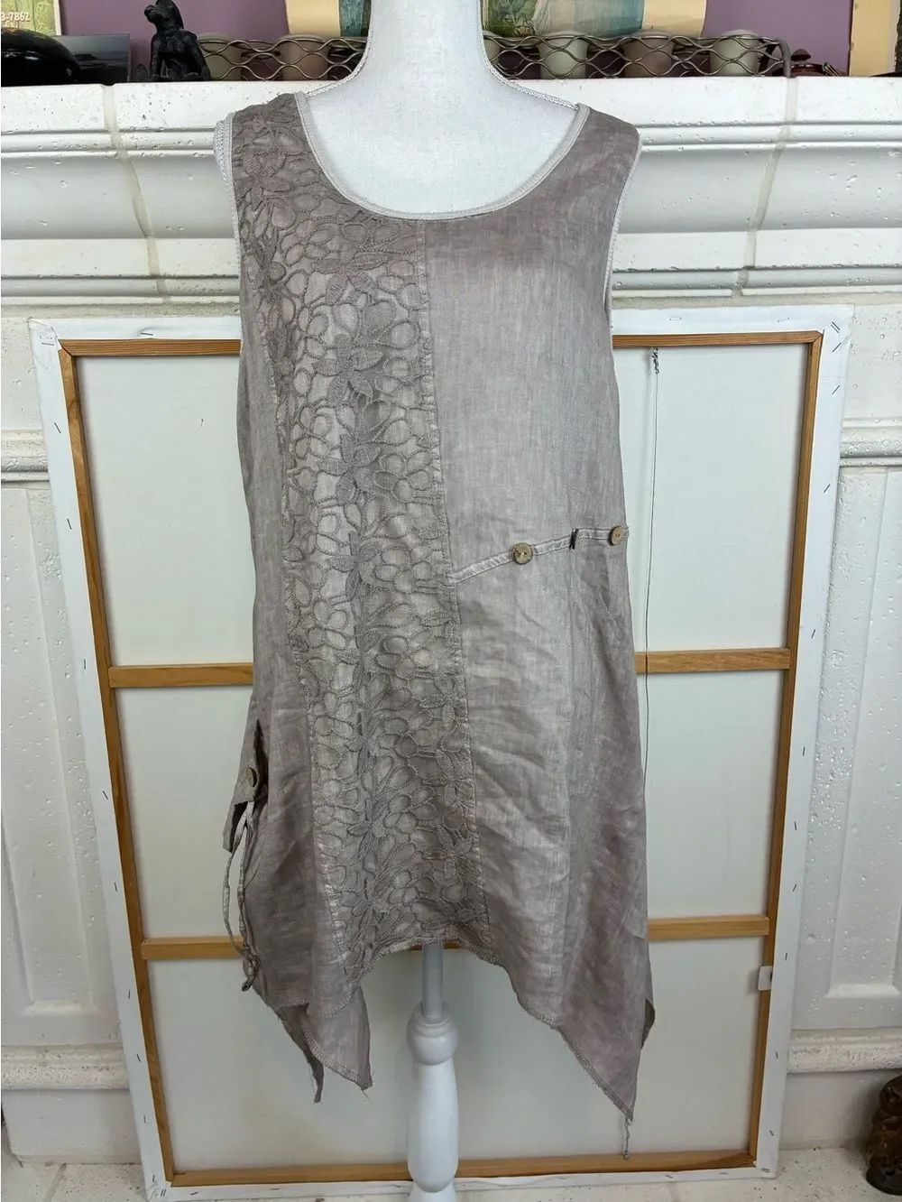 Aziza Boho Linen Tunic w/Crochet Panel and Button Pocket, Assym Hem
